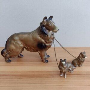 Vintage Japan Gold Collie Lassie Dog Mother W/ Puppies On Chain Figurine